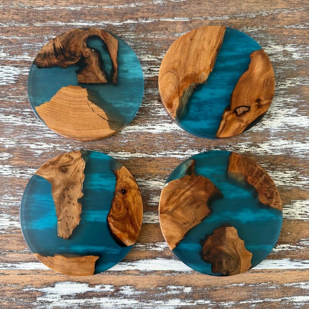 Teal Blue Resin River Wood Drink Coasters Set of 4 House Housewarming Gift